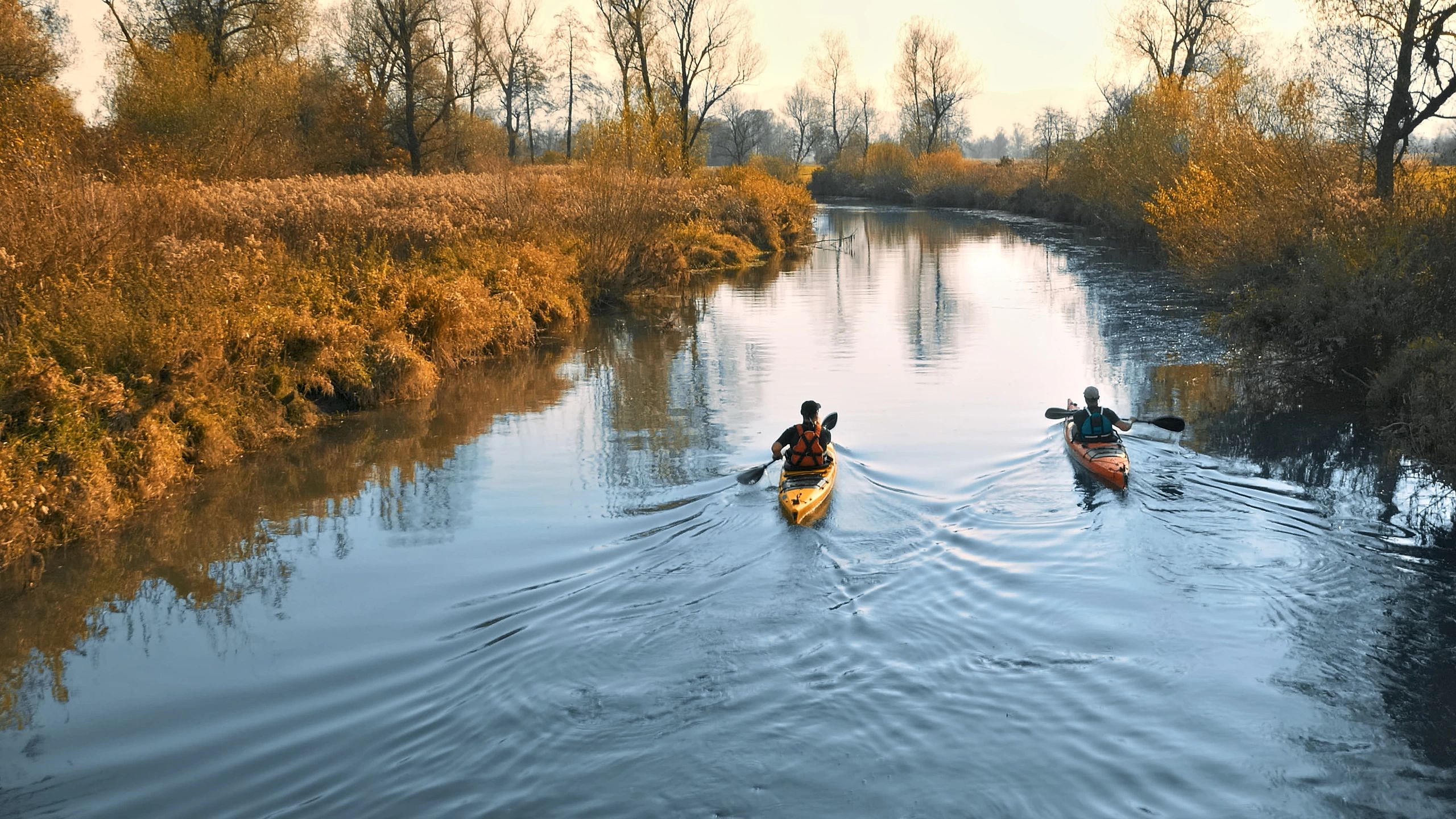 Two kayakers paddling through autumn foliage on a calm river
